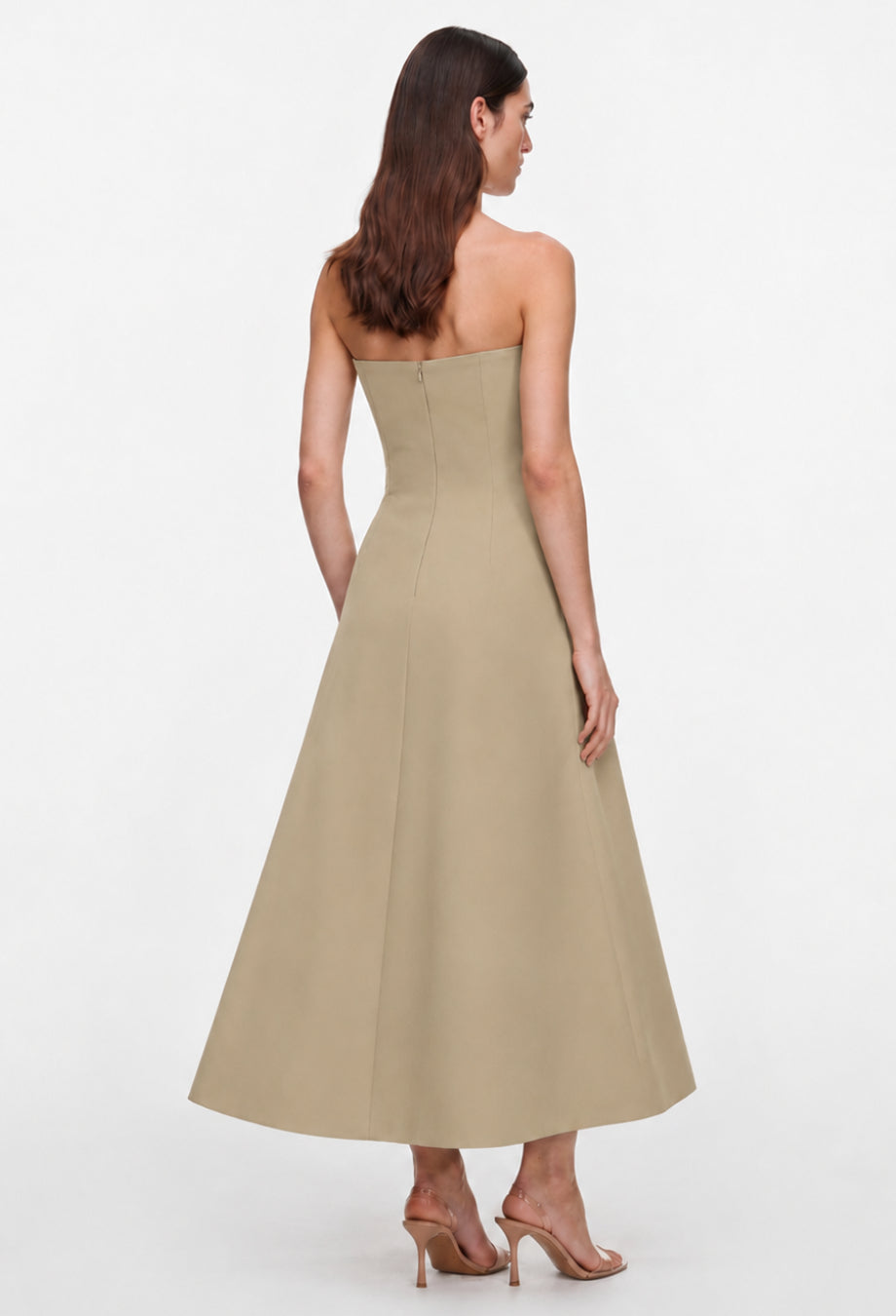 Salma Beige Strapless Midi Dress with Front Bow, midi dress with front bow, formal dress with front bow