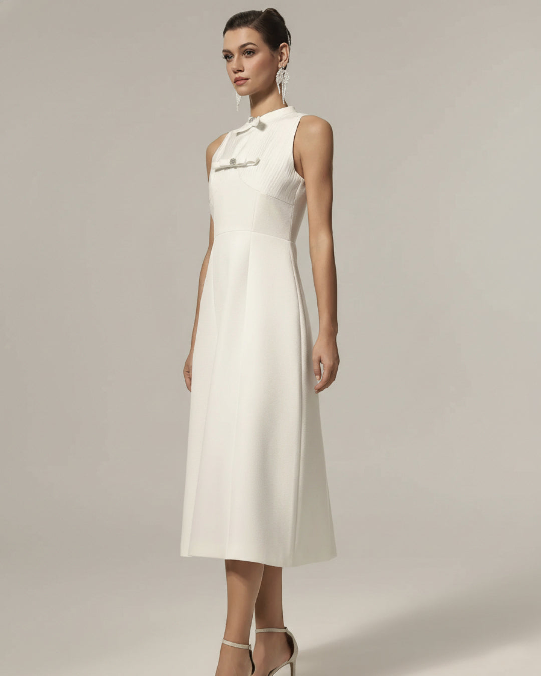 Saoirse White Midi Dress, White High Neck Graduation Dress, white graduation dress bow