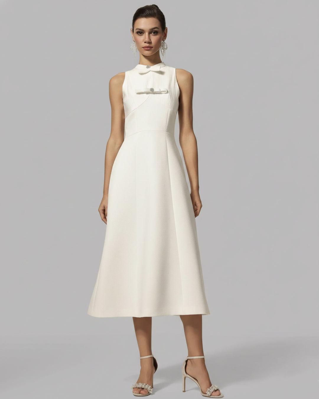 Saoirse White Midi Dress, White High Neck Graduation Dress, white graduation dress bow