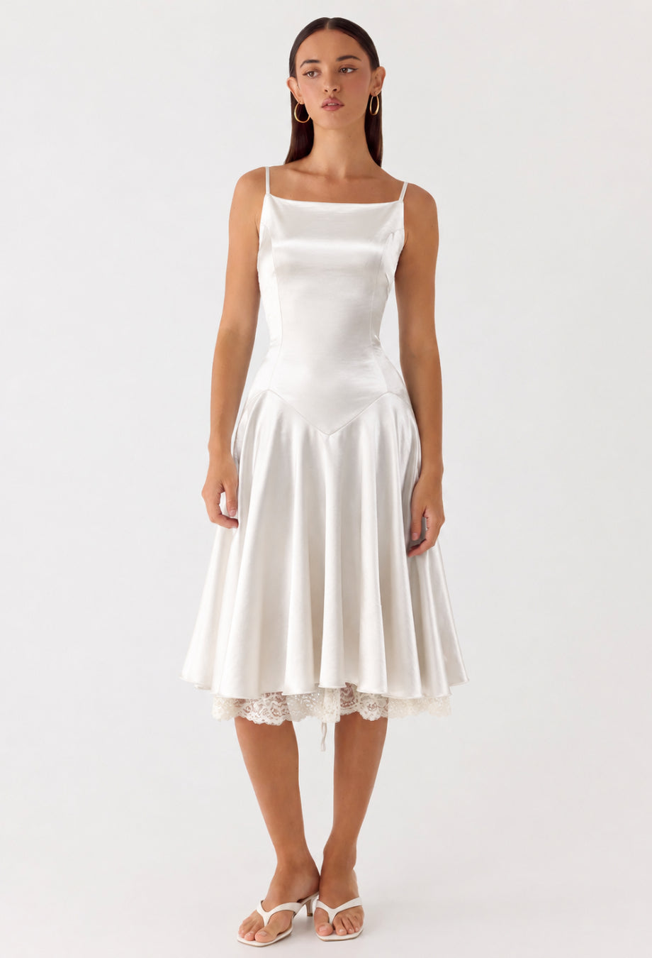 Selena White Satin Fit and Flare Midi Dress with Lace, 	
satin dress with lace, satin midi dress