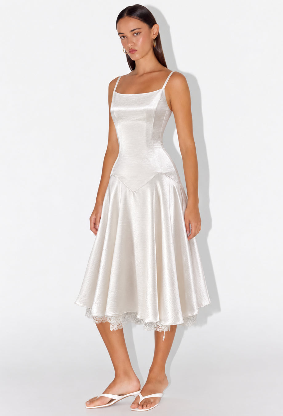 Selena White Satin Fit and Flare Midi Dress with Lace, 	
satin dress with lace, satin midi dress