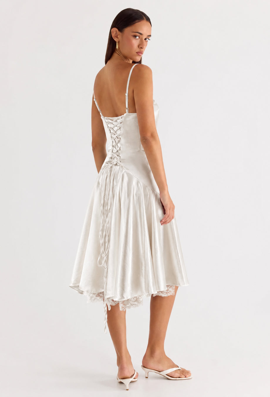 Selena White Satin Fit and Flare Midi Dress with Lace, white satin dress, satin slip dress
