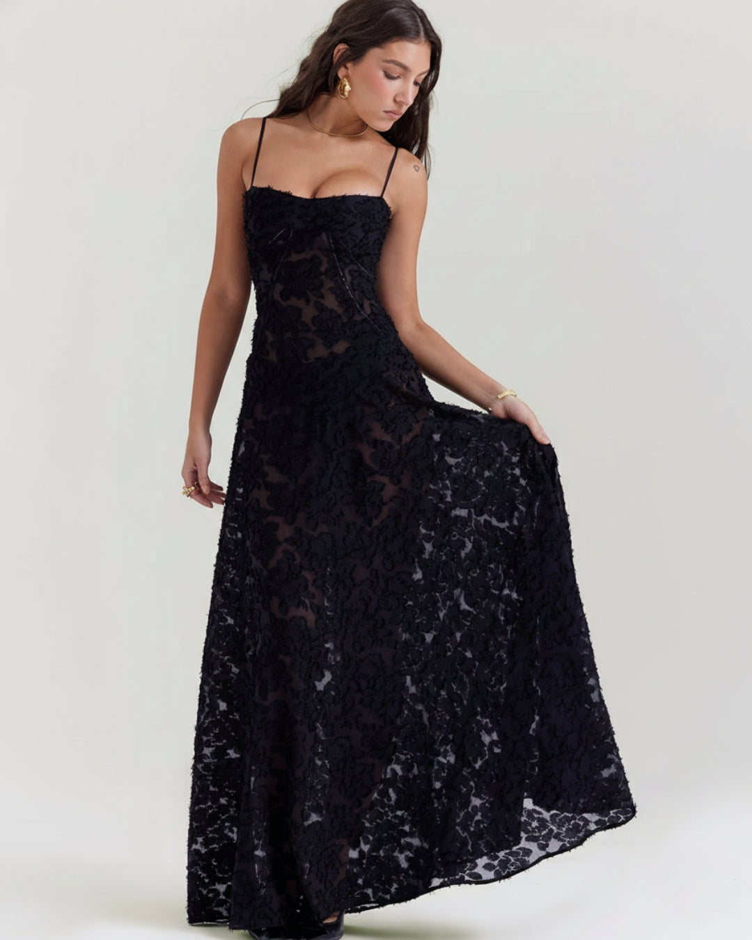 Seren Vintage Floral Lace Back Maxi Dress in Black, maxi black dress​, black lace maxi dress