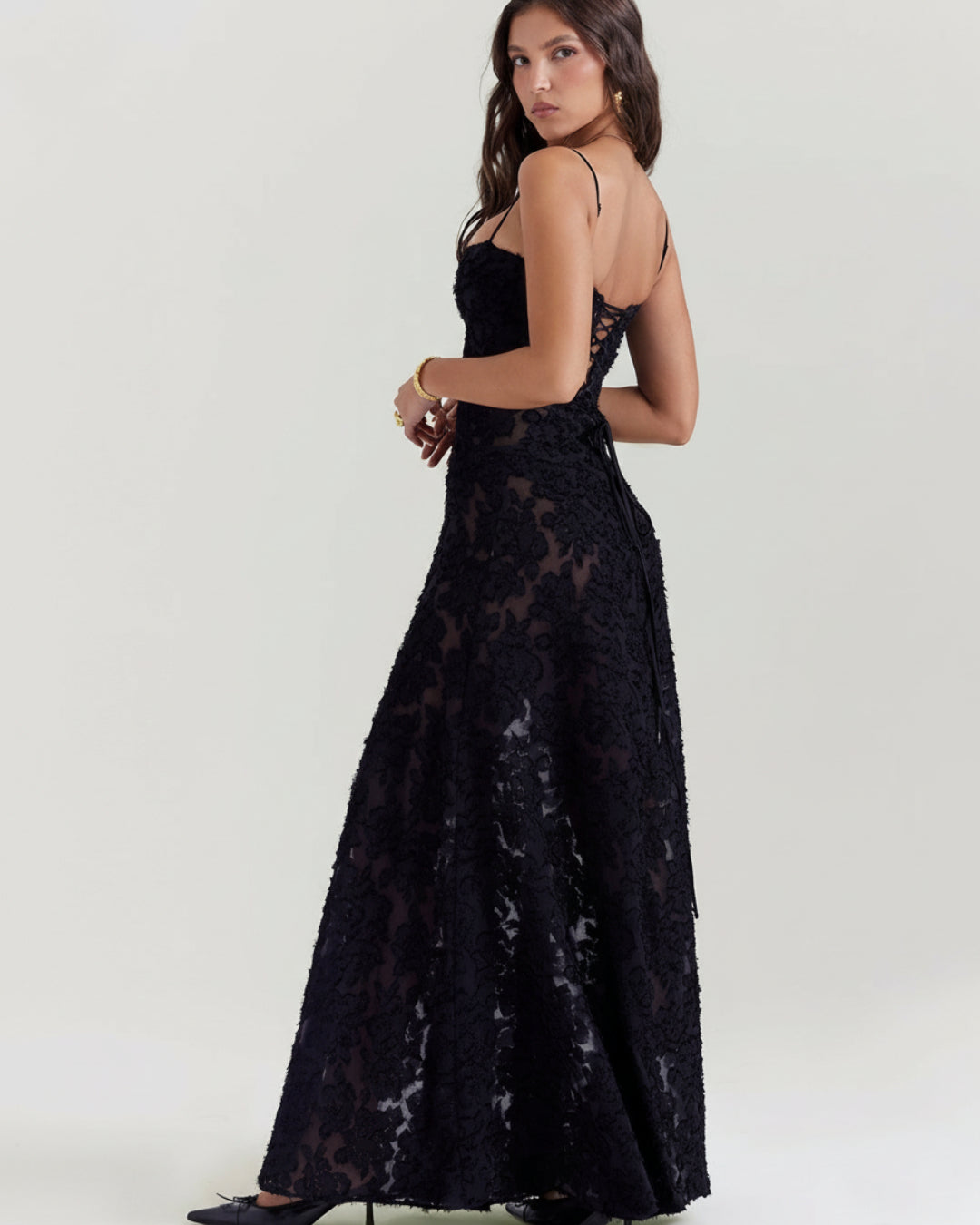 Seren Vintage Floral Lace Back Maxi Dress in Black, black maxi dress canada​, black maxi dress with flowers​