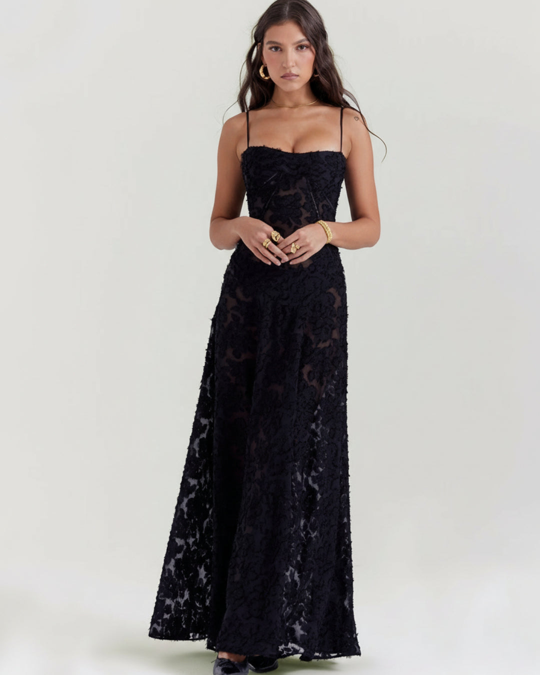 Seren Vintage Floral Lace Back Maxi Dress in Black, black maxi dress canada​, black maxi dress with flowers​