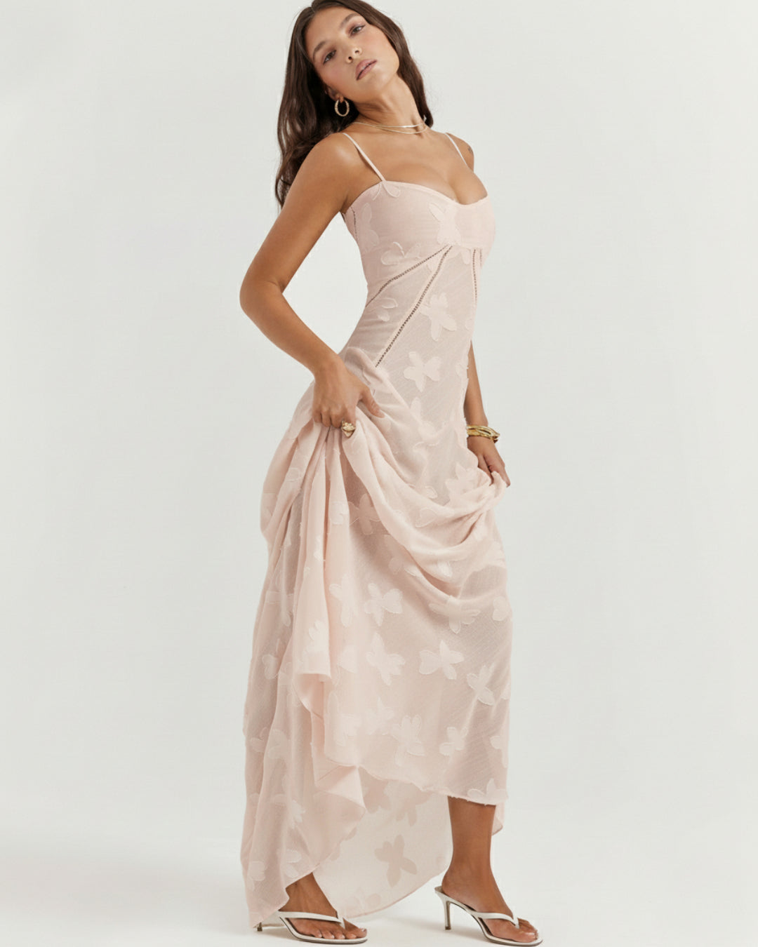 Seren Vintage Floral Lace Back Maxi Dress in Blush Pink, pink floral dress​, pink prom dress​