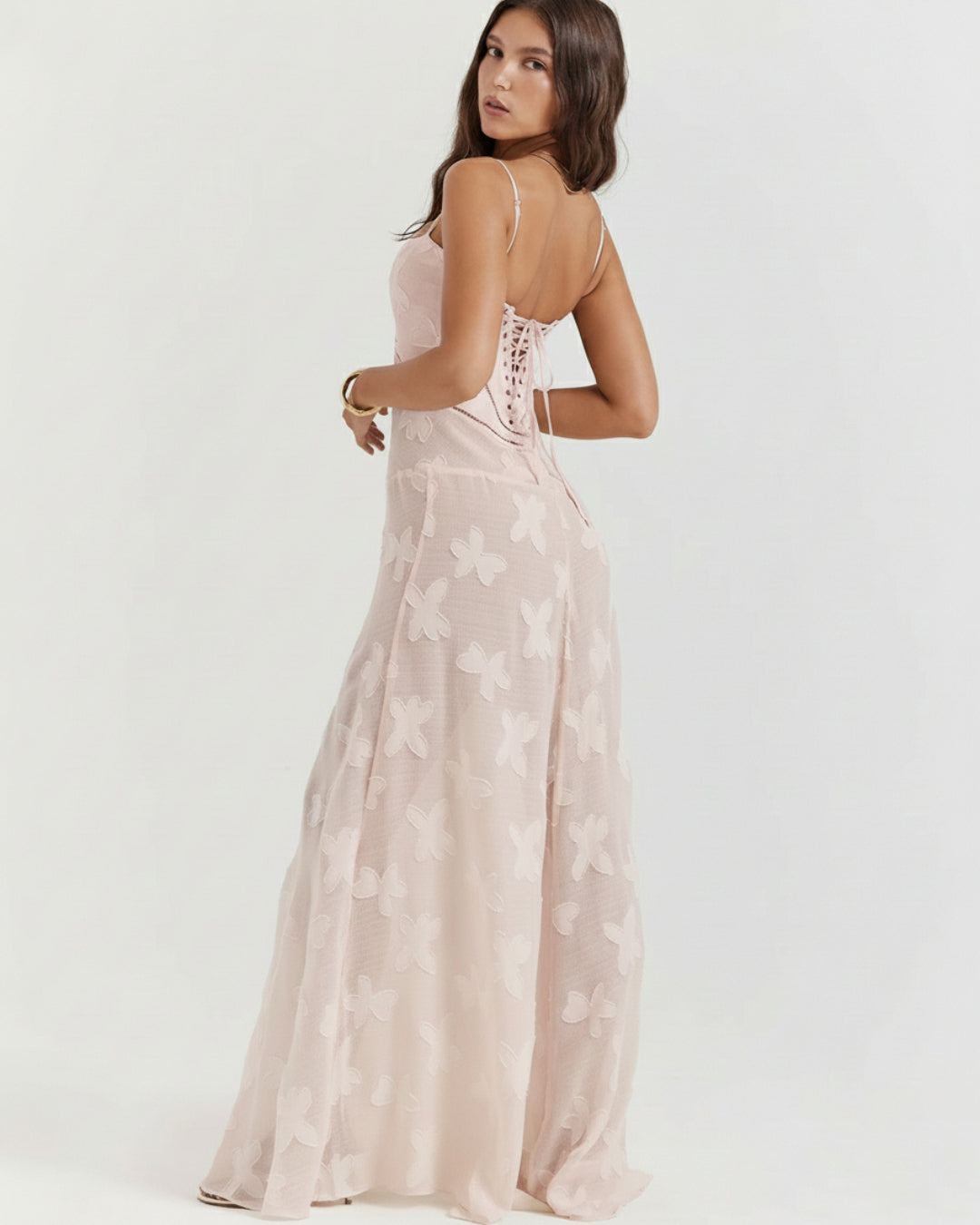 Seren Vintage Floral Lace Back Maxi Dress in Blush Pink M Seren Vintage Floral Lace Back Maxi Dress in Blush Pink M