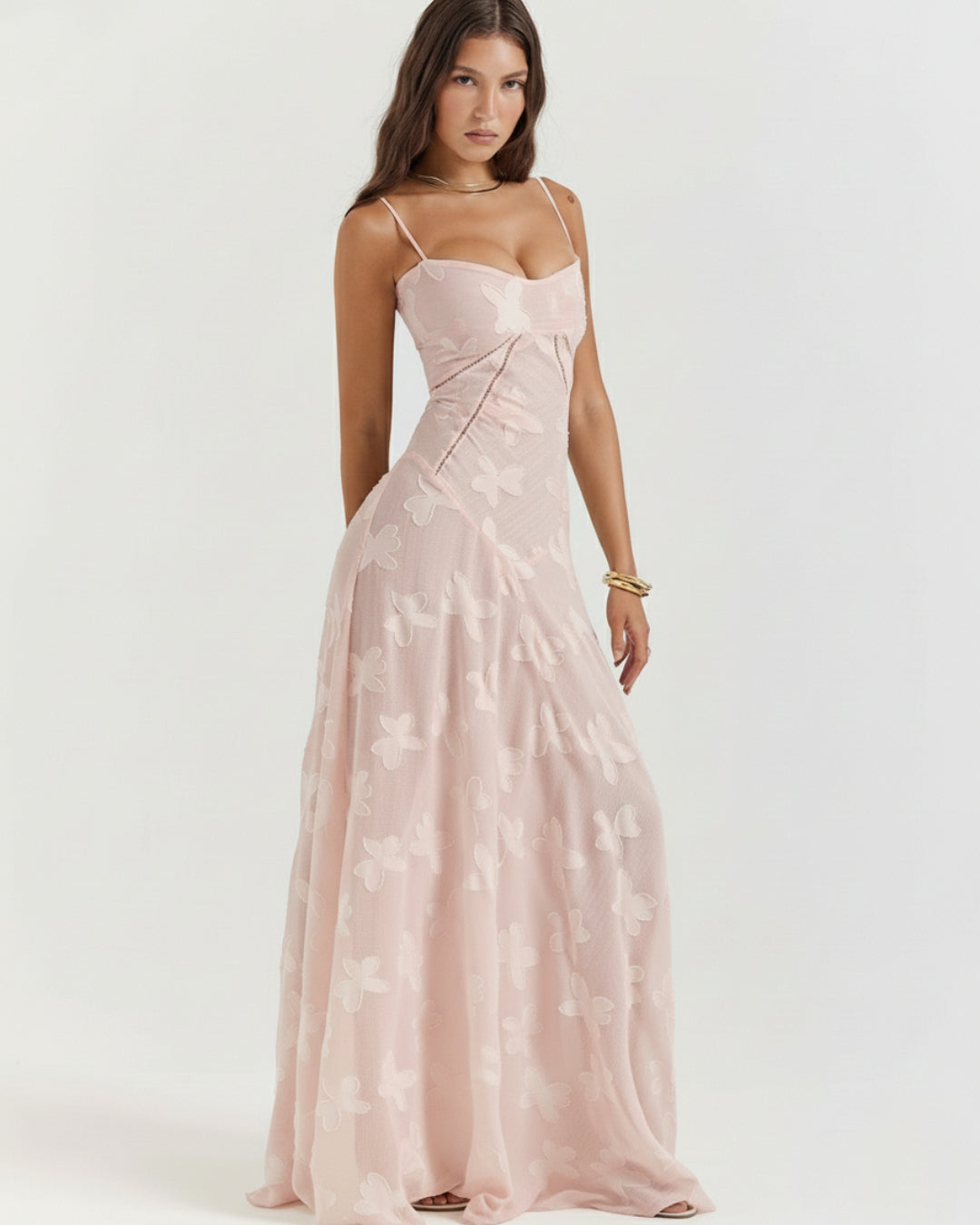 Seren Vintage Floral Lace Back Maxi Dress in Blush Pink, light pink colour dress​, pink maxi dress