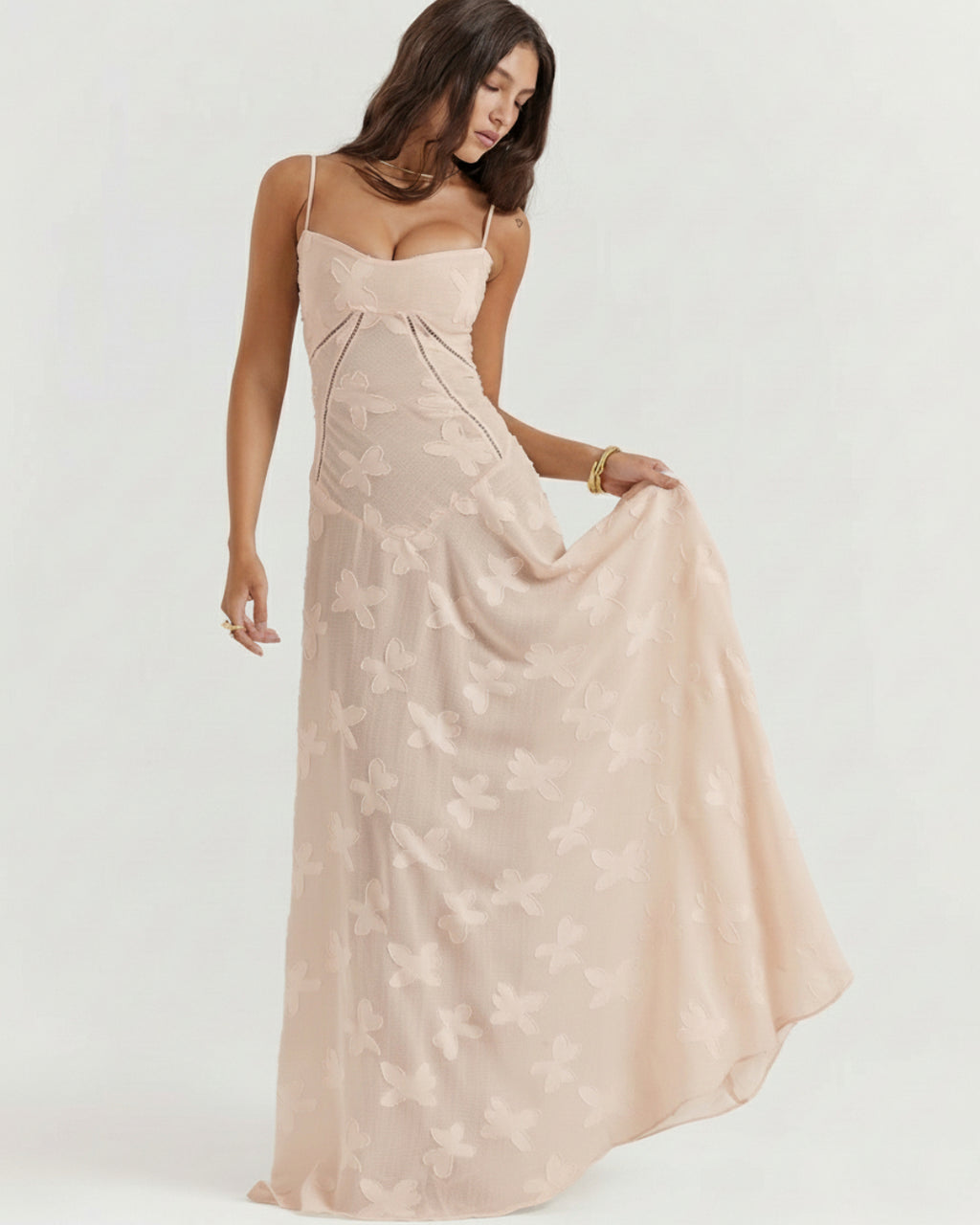 Seren Vintage Floral Lace Back Maxi Dress in Blush Pink, pink floral dress​, pink prom dress​