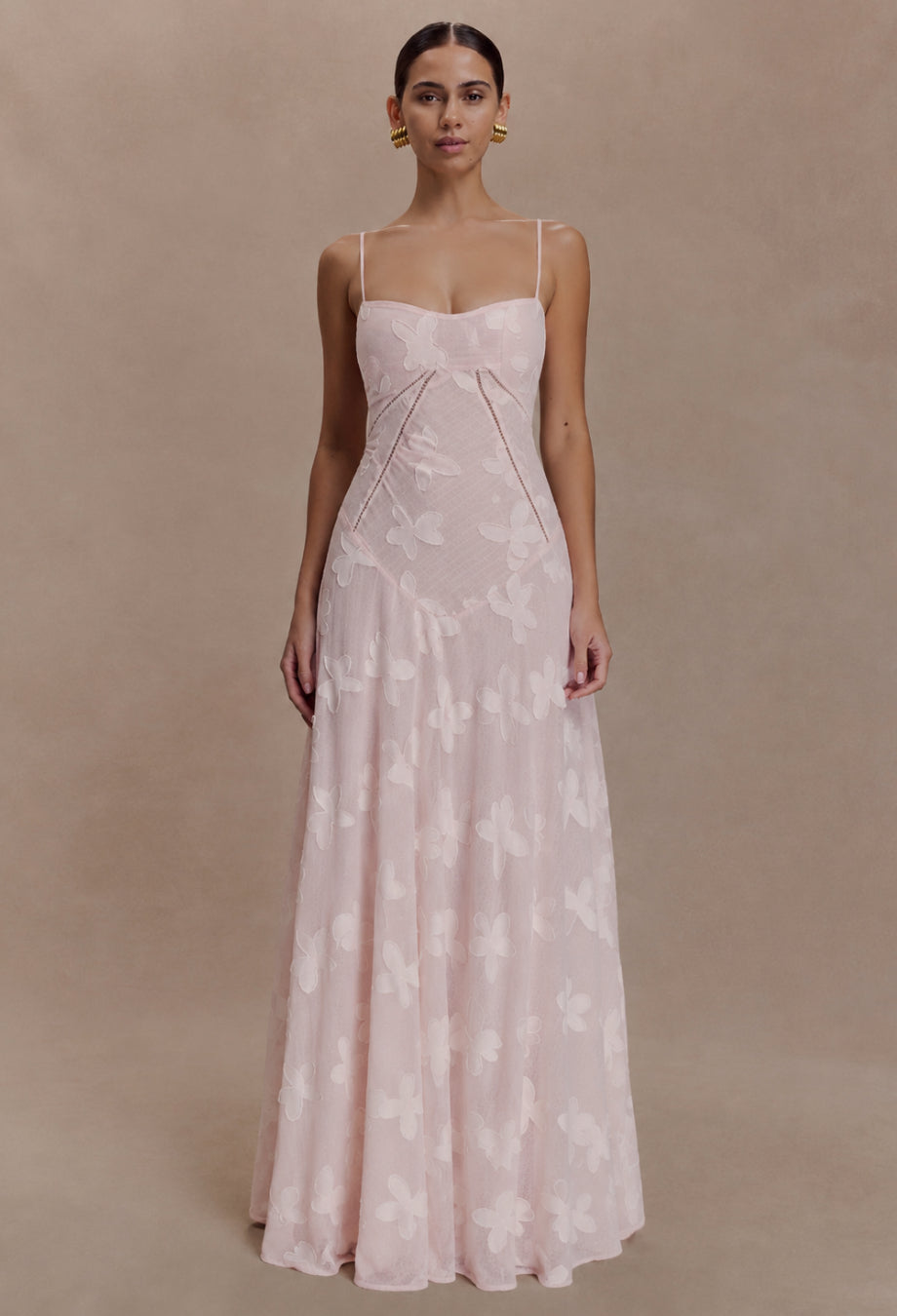 Seren Vintage Floral Lace Back Maxi Dress in Blush Pink