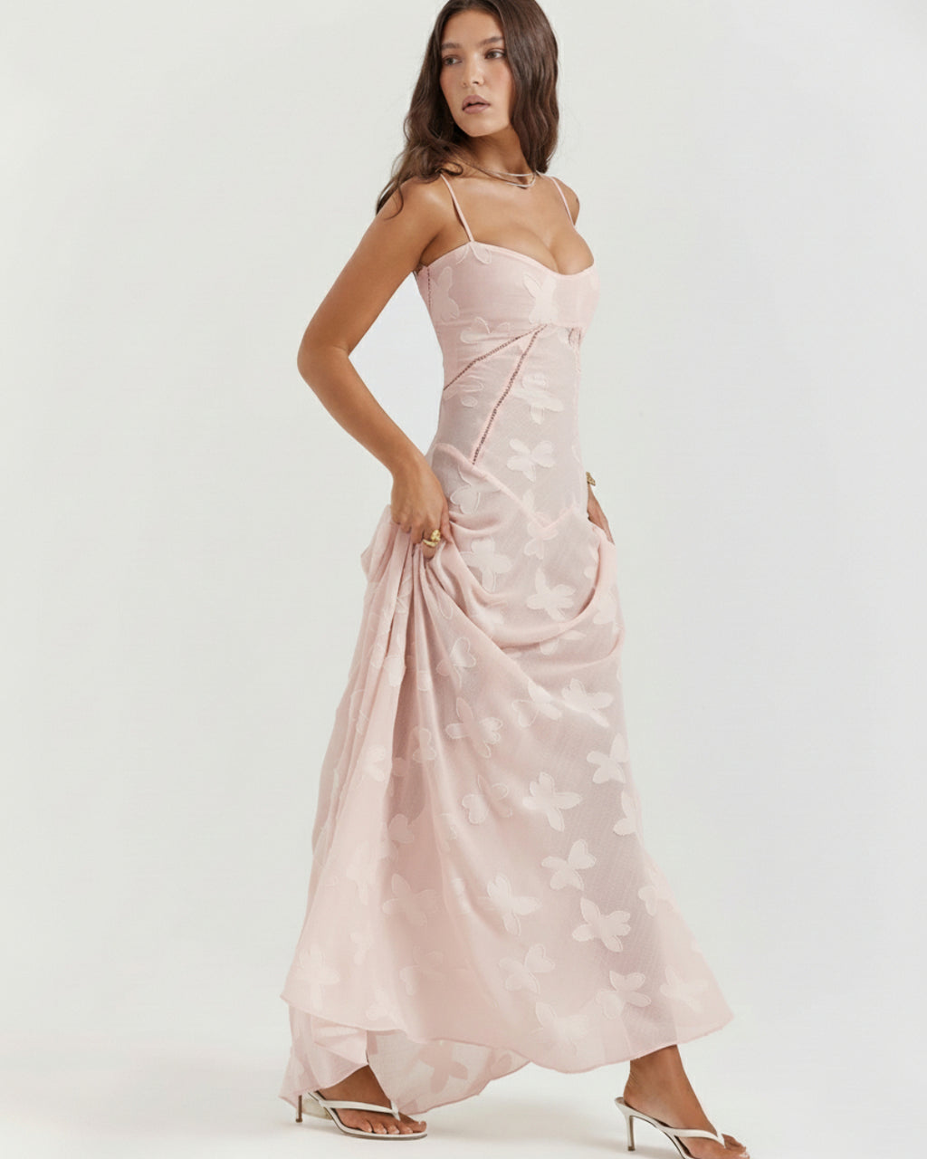 Seren Vintage Floral Lace Back Maxi Dress in Blush Pink, light pink colour dress​, pink maxi dress