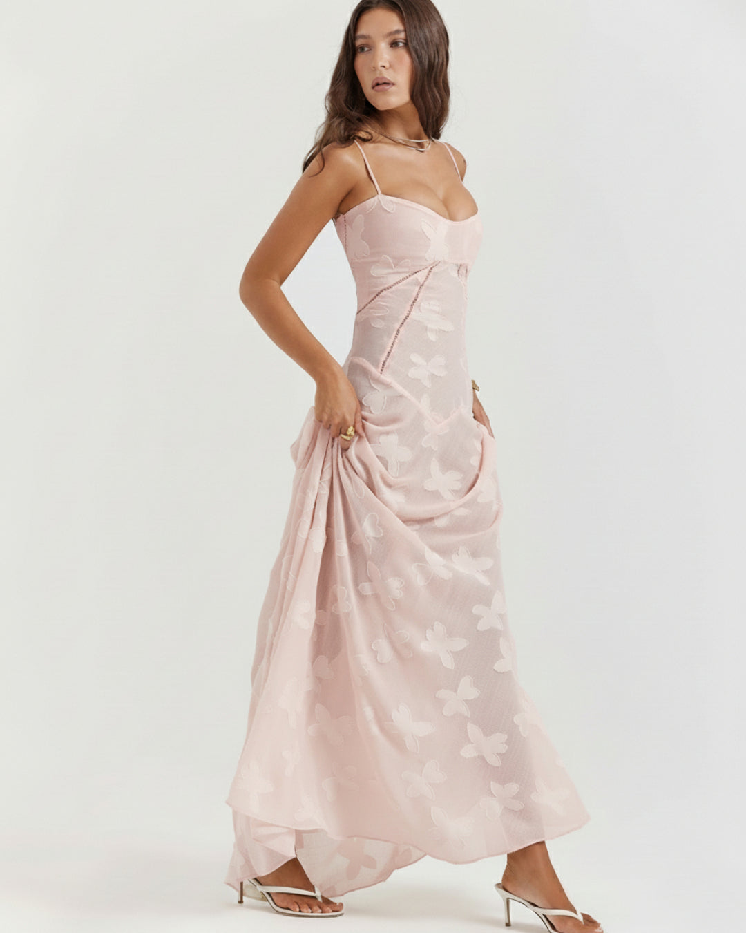 Seren Vintage Floral Lace Back Maxi Dress in Blush Pink, light pink colour dress​, pink maxi dress