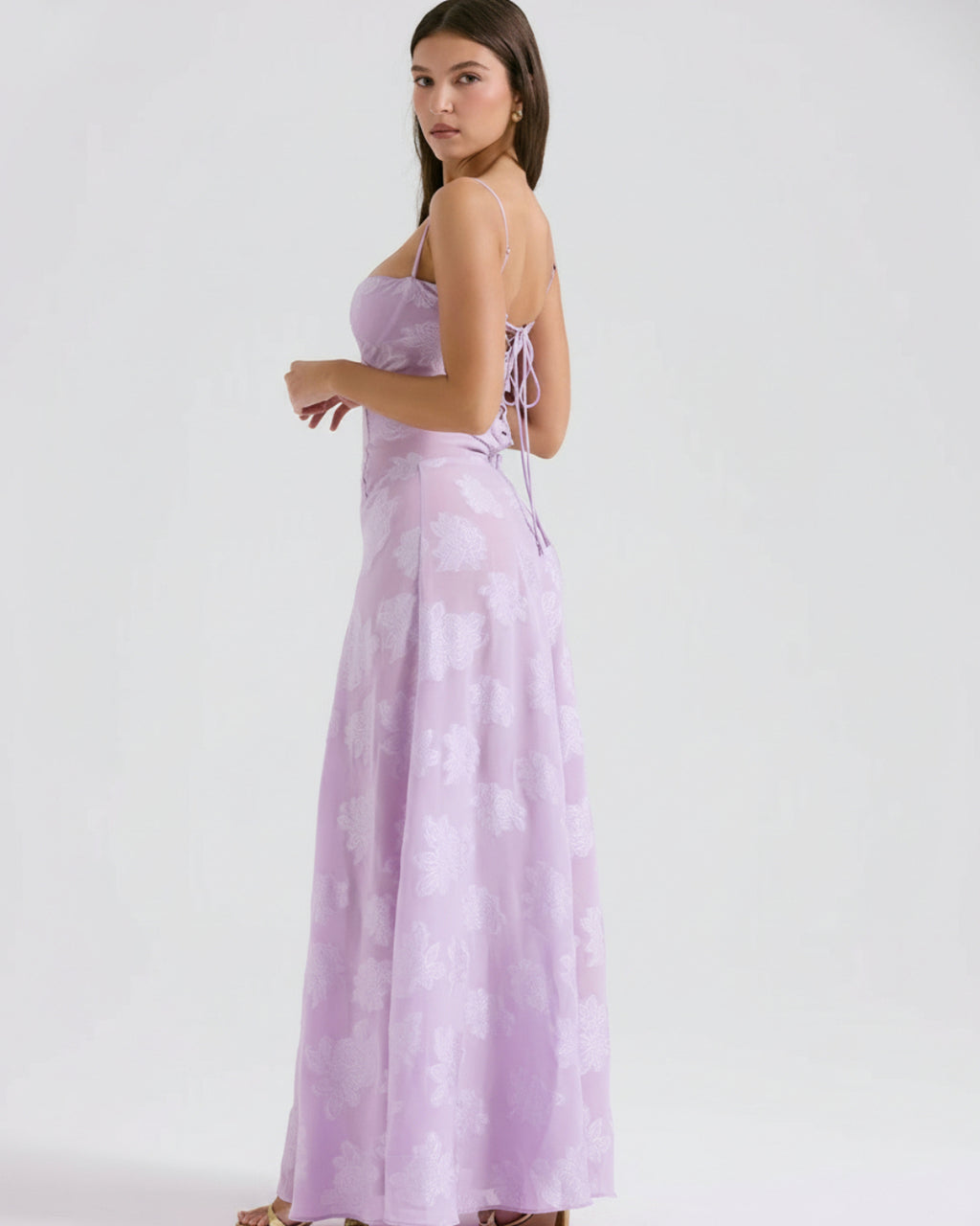 Seren Vintage Floral Lace Back Maxi Dress in Pastel Purple, maxi dress for women, womens maxi dress