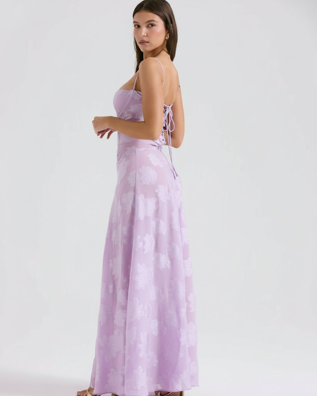 Seren Vintage Floral Lace Back Maxi Dress in Pastel Purple, maxi dress for women, womens maxi dress