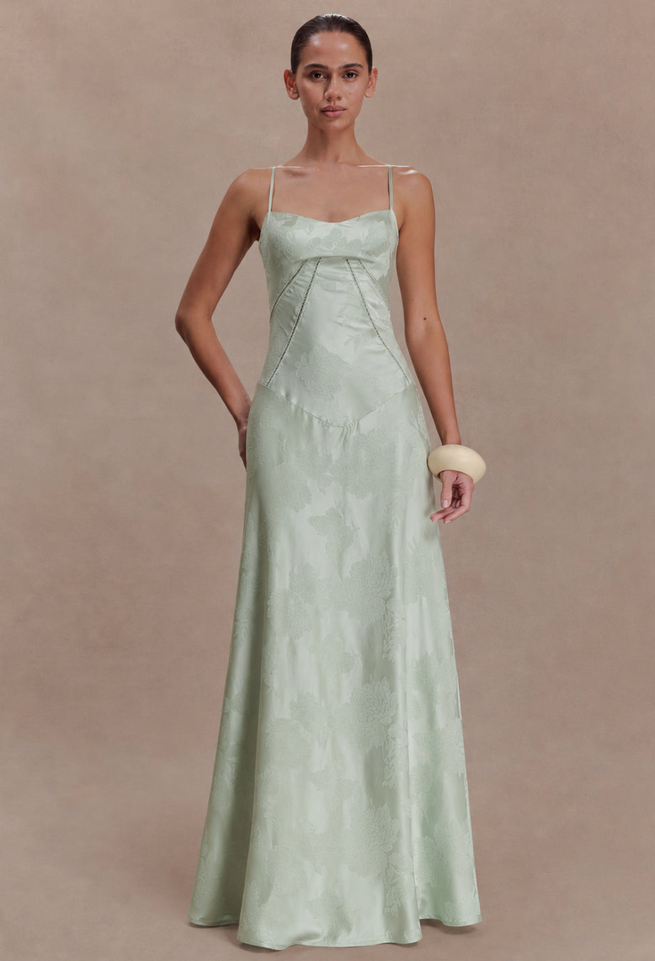 Seren Vintage Floral Lace Back Maxi Dress in Pistachio Green