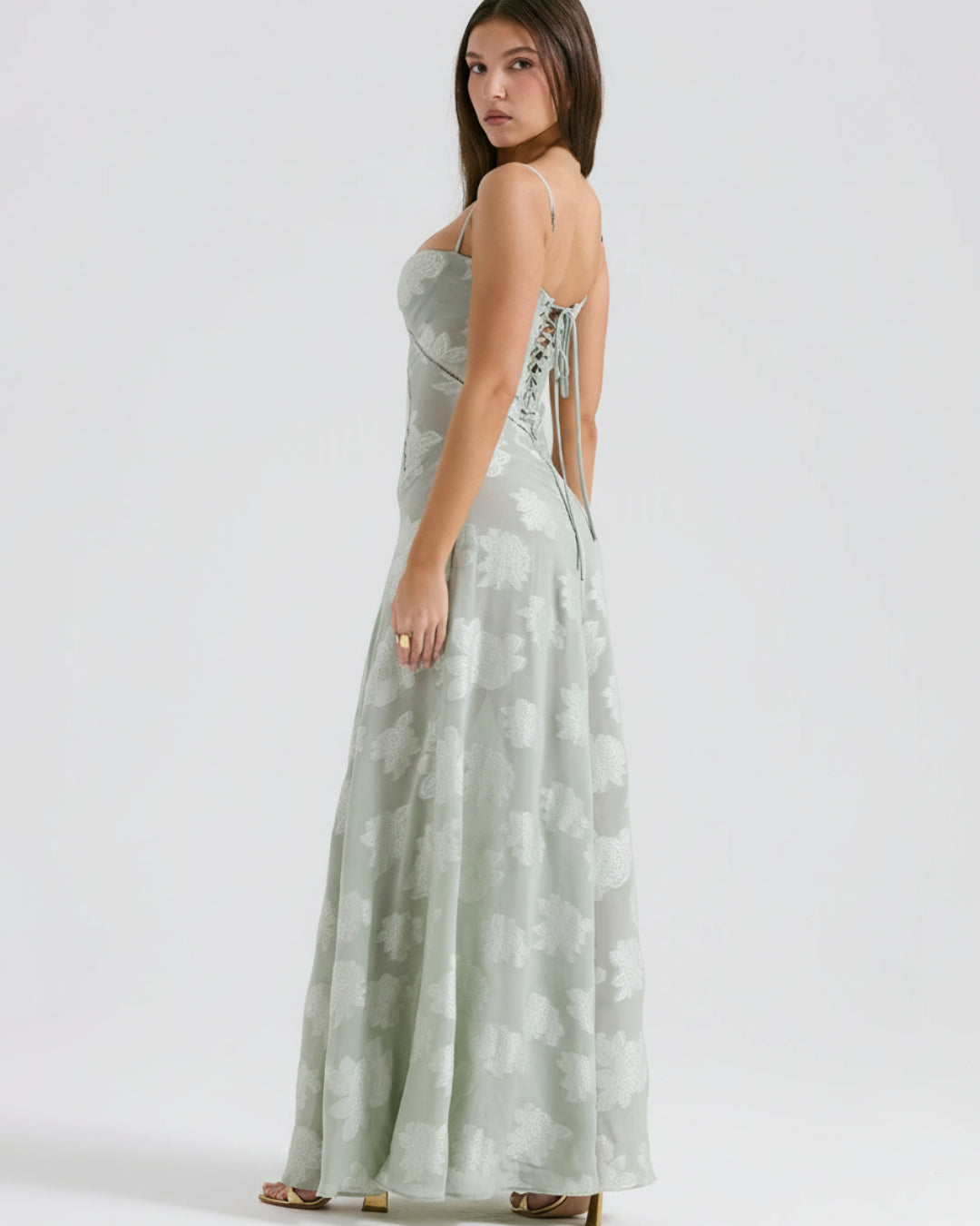 Seren Vintage Floral Lace Back Maxi Dress in Pistachio Green, bridal cocktail dress​, cocktail dress canada​