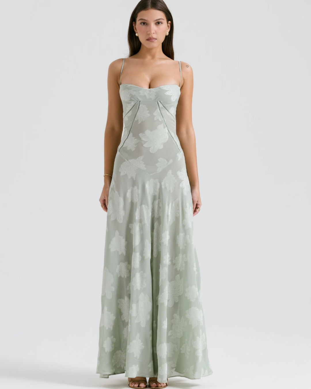Seren Vintage Floral Lace Back Maxi Dress in Pistachio Green, green floral maxi dress, maxi green dress​
