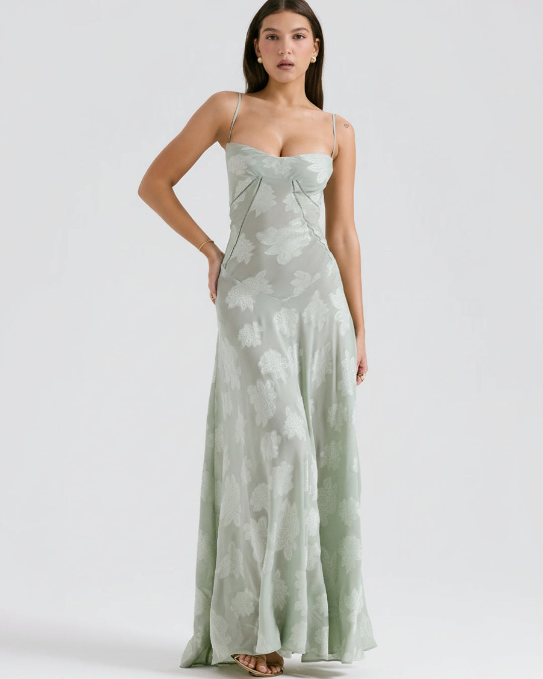 Seren Vintage Floral Lace Back Maxi Dress in Pistachio Green, green floral maxi dress, maxi green dress​