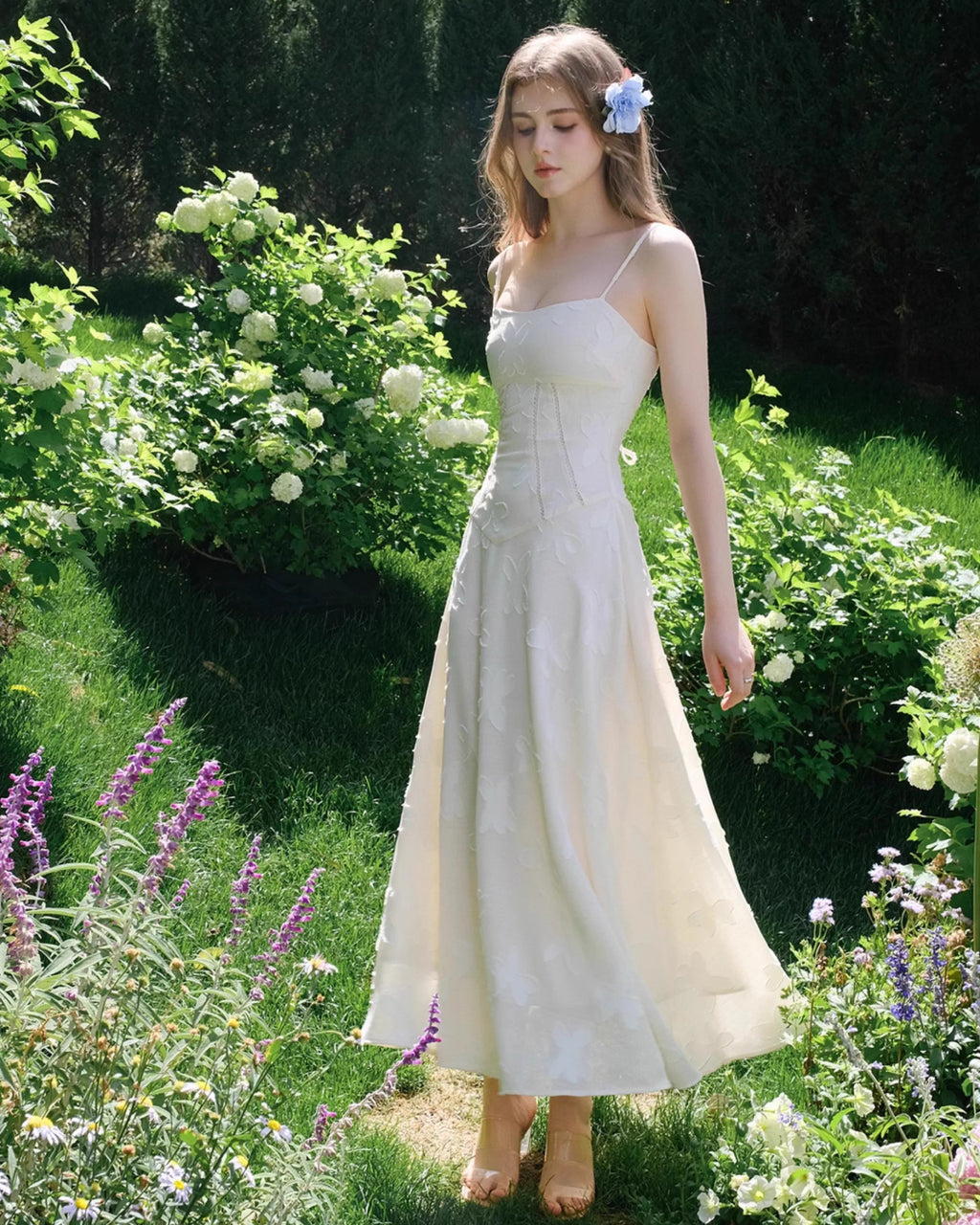 Seren Vintage Floral Lace Back Midi Dress in Ivory, vintage style wedding dress, house of cb white dress