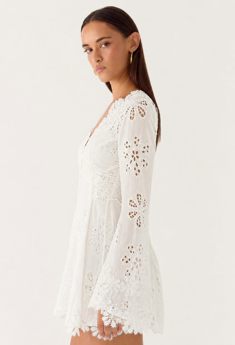 Simona White Long-Sleeve 3D Floral Embroidered Mini Dress, embroidered white mini dress, embroidered mini dress white