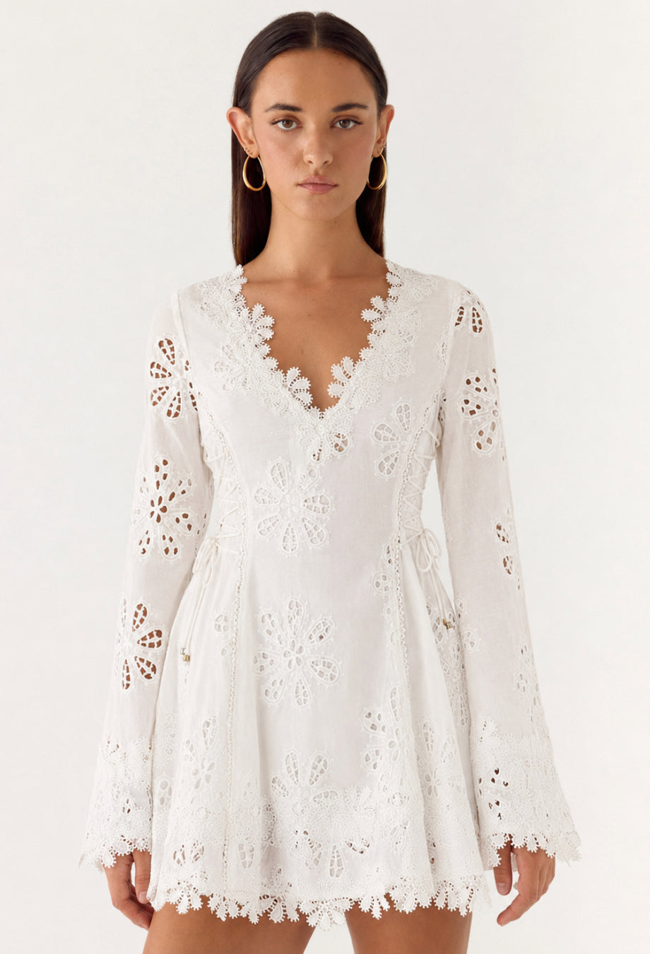 Simona White Long-Sleeve 3D Floral Embroidered Mini Dress, white embroidered mini dress, embroidered white mini dress