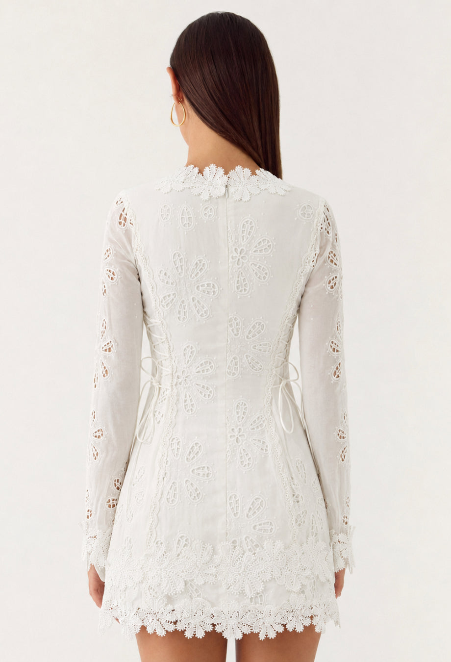 Simona White Long-Sleeve 3D Floral Embroidered Mini Dress, white graduation mini dress​, mini white dress graduation