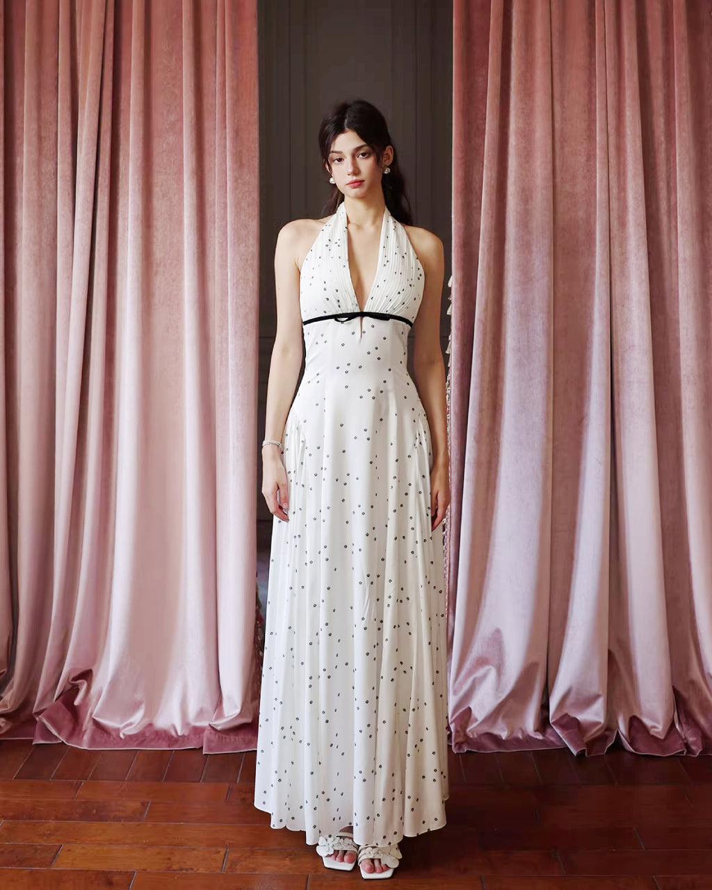 Solada Polka Dot Halter Maxi Dress, old money white dress, white old money dress​