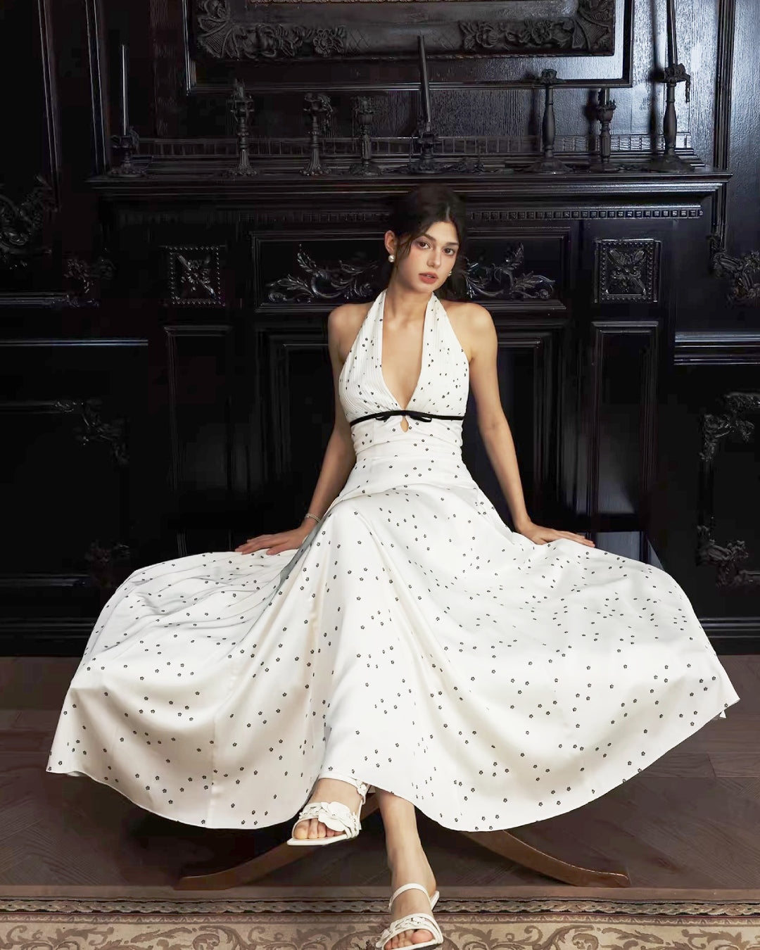 Solada Polka Dot Halter Maxi Dress - Old Money Dress M Solada Polka Dot Halter Maxi Dress - Old Money Dress M