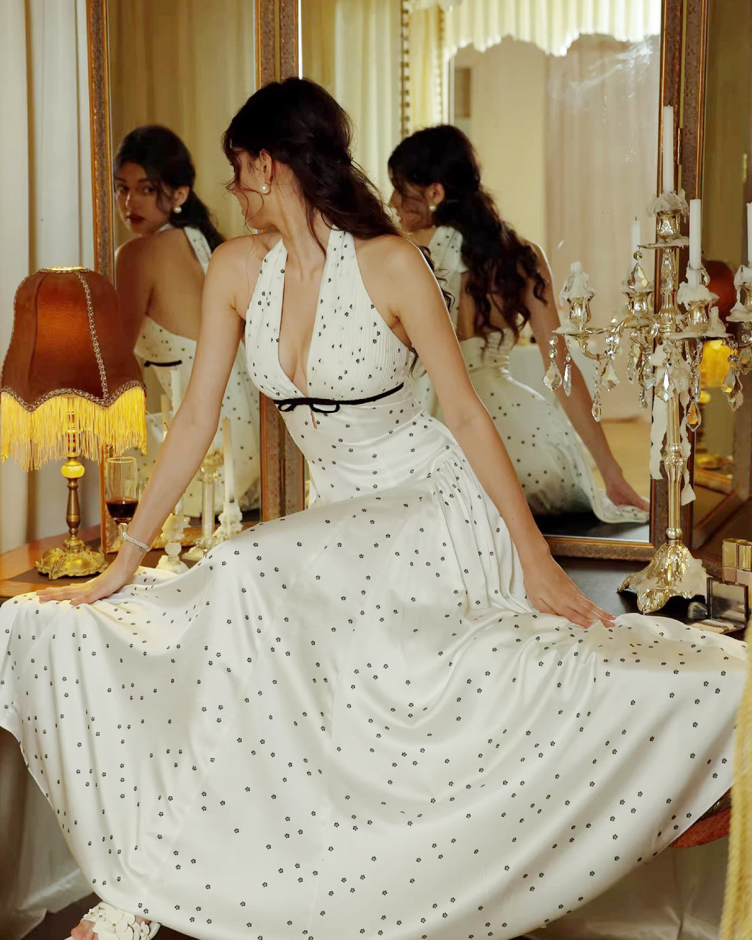 Solada Polka Dot Halter Maxi Dress - Old Money Dress M Solada Polka Dot Halter Maxi Dress - Old Money Dress M