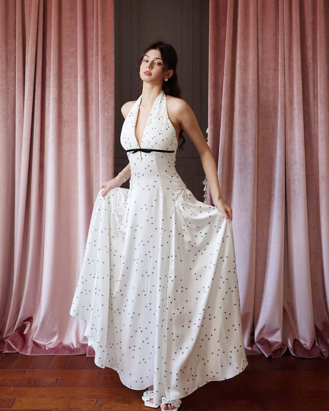 Solada Polka Dot Halter Maxi Dress, old money cocktail dress​, old money prom dress​