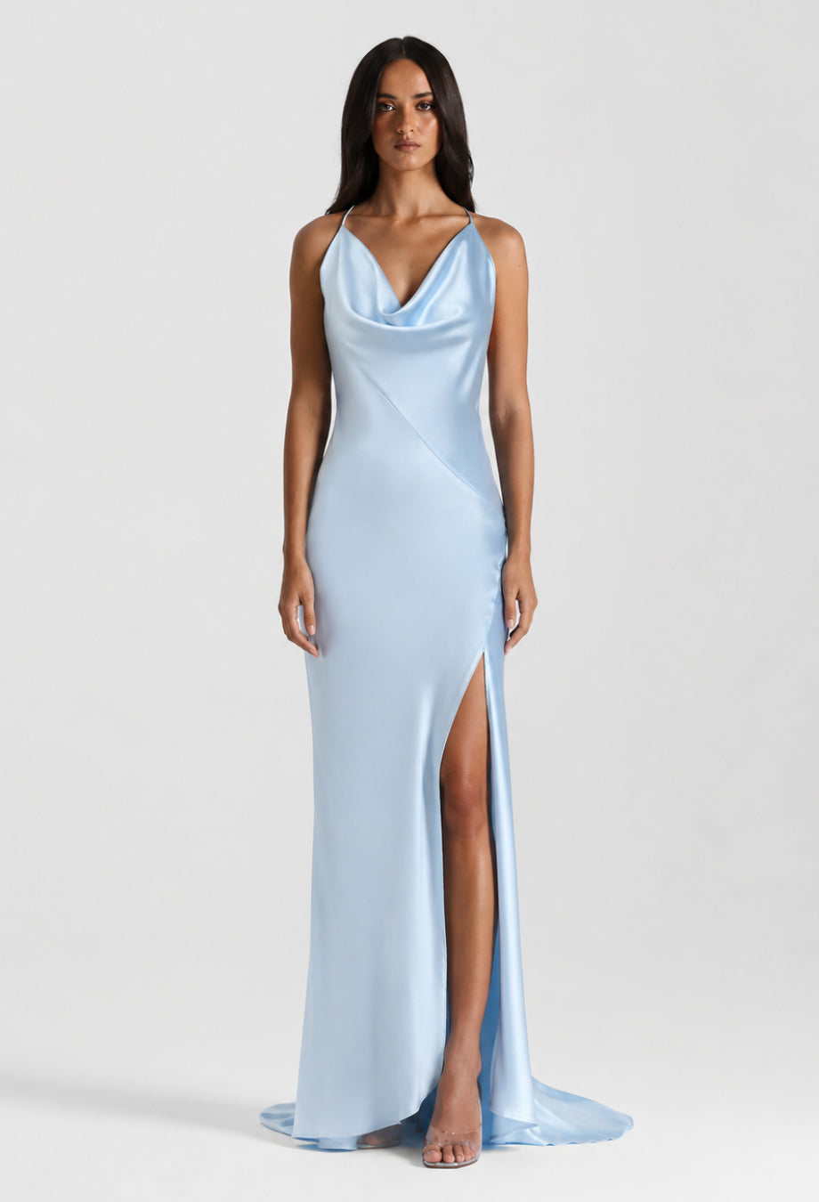 Sorelle Open-Back Cowl Neck Satin Maxi Dress in Light Blue, cowl neck maxi dress, maxi dress with cowl neck​