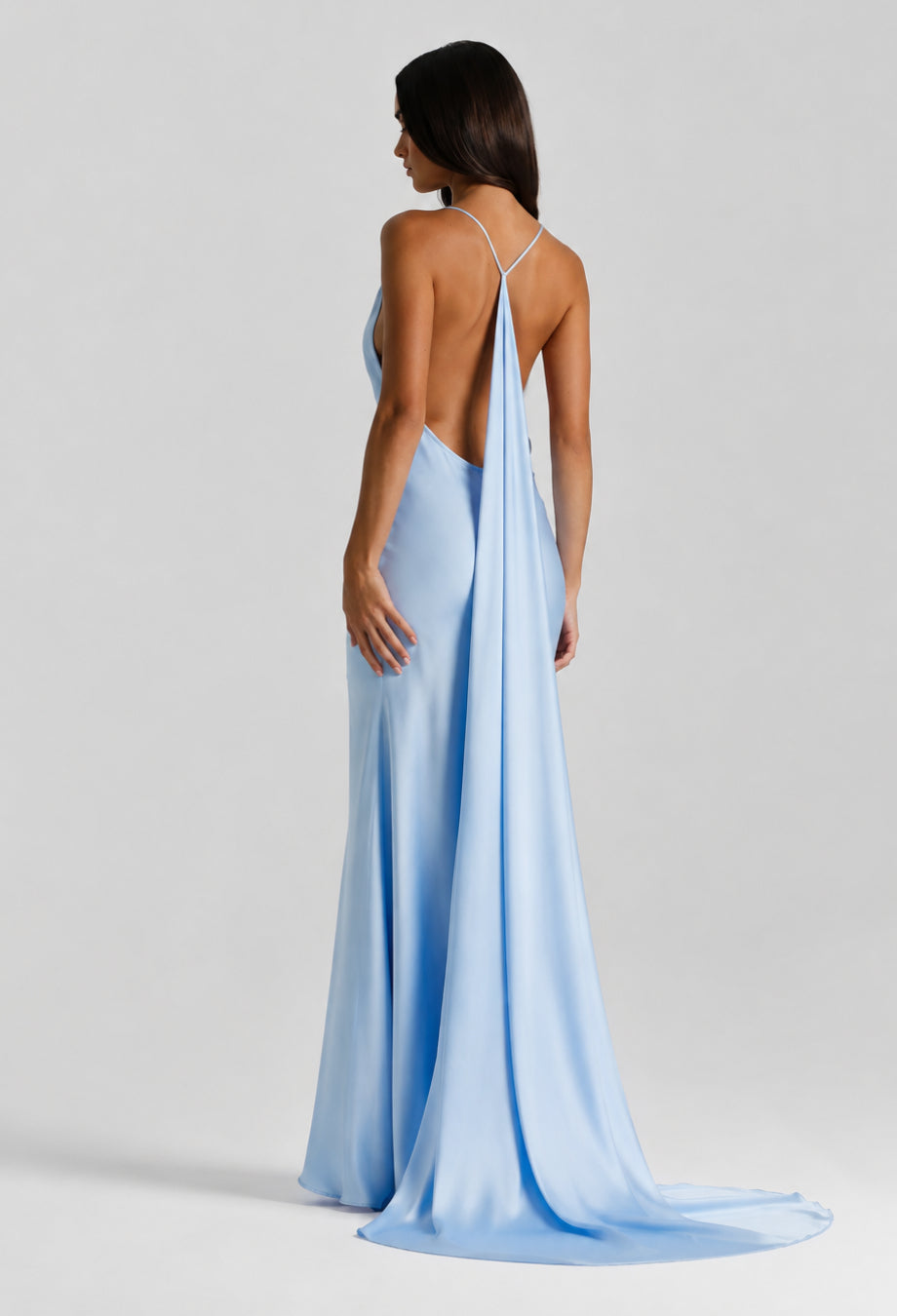 Sorelle Open-Back Cowl Neck Satin Maxi Dress in Light Blue, satin maxi dress, satin open back maxi dress​
