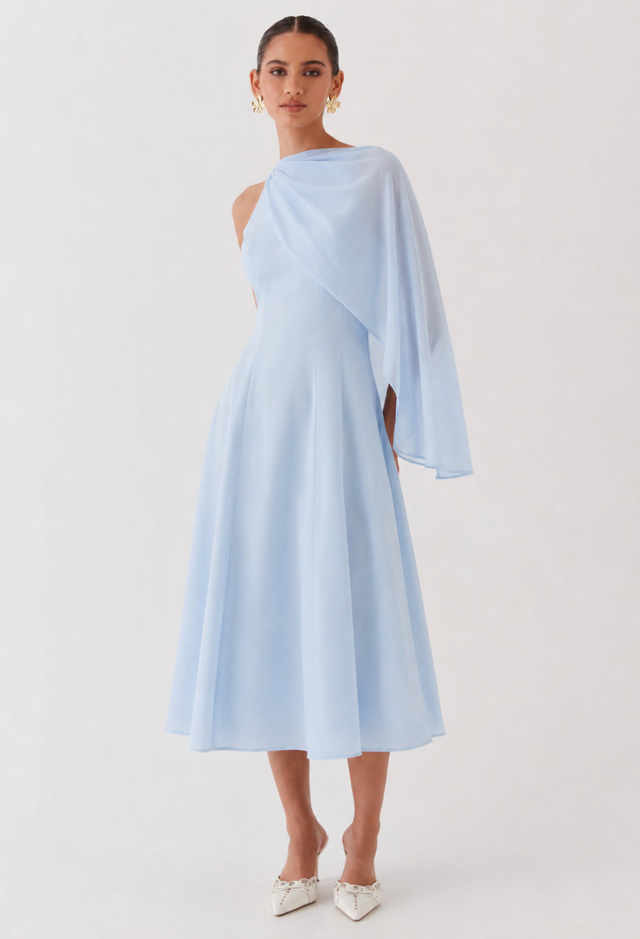 Soretta Light Blue Midi Dress with Scarf, dress with scarf​, dress with neck scarf​, dress with a scarf​
