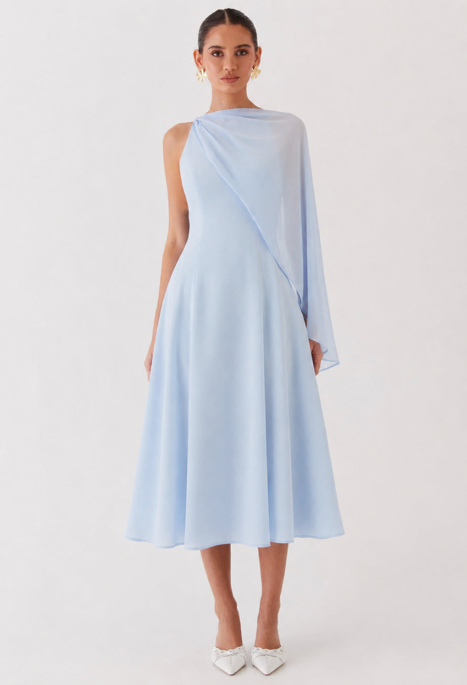 Soretta Light Blue Midi Dress with Scarf for Wedding Guests XL