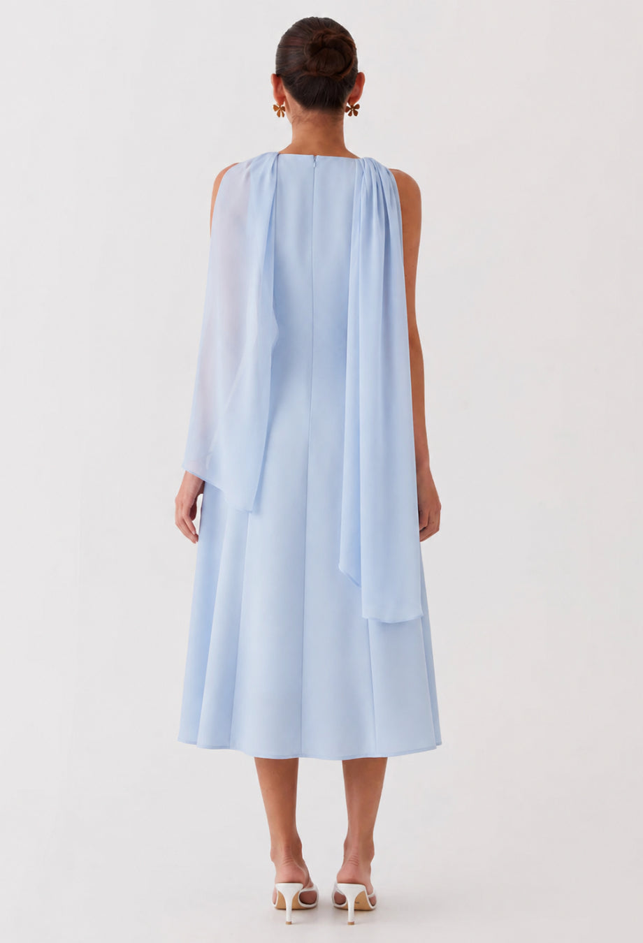 Soretta Light Blue Midi Dress with Scarf, dress with scarf around neck, wedding guest dress with scarf, light blue midi dress for wedding​
