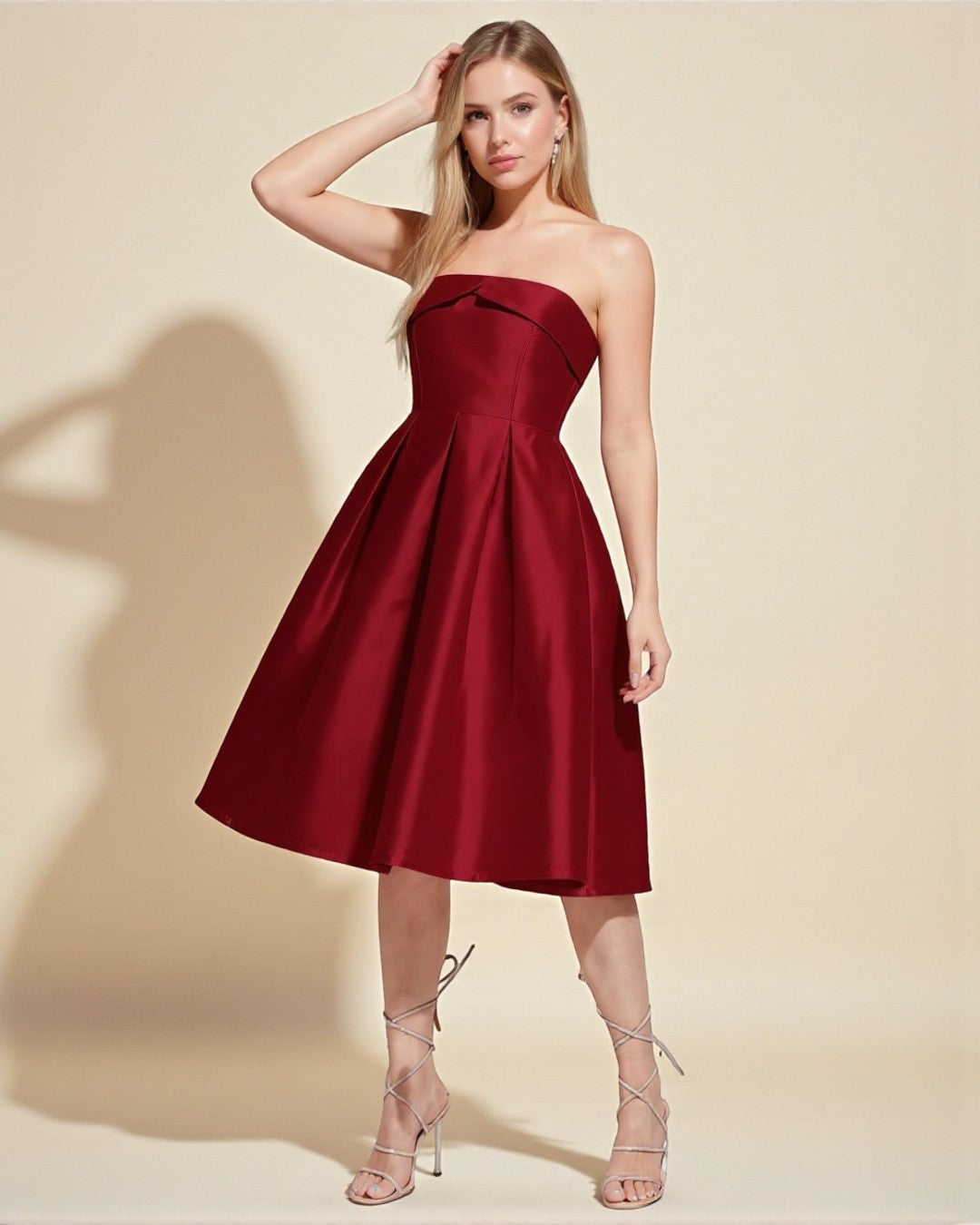 Burgundy Strapless Midi Dress - Engagement Dress, Bridesmaid Dress Burgundy Strapless Midi Dress - Engagement Dress, Bridesmaid Dress