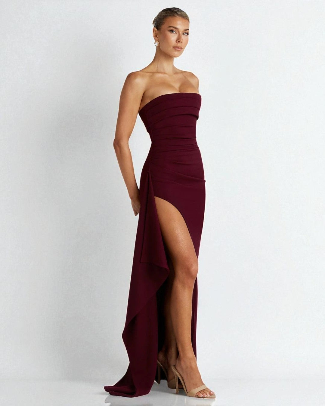 Strapless Neckline Maxi Dress, mother of bride burgundy dress, burgundy dress​, burgundy color dress​, burgundy color bridesmaid dresses, burgundy dresses​, burgundy dress canada, burgundy maxi dress​