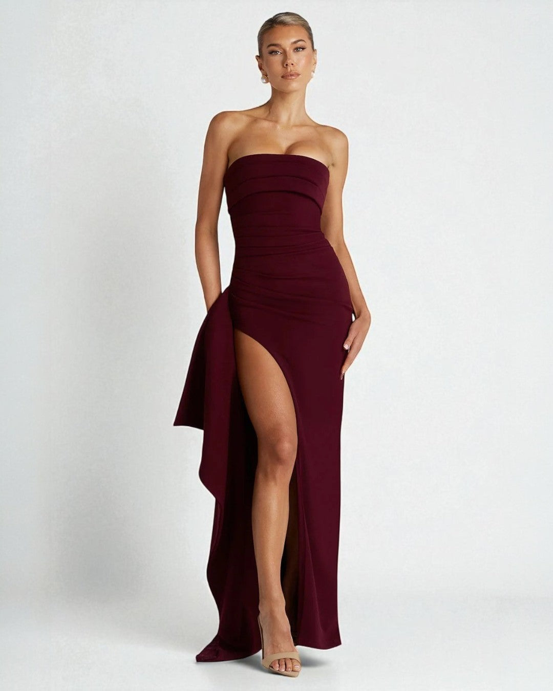 Strapless Neckline Maxi Dress, mother of bride burgundy dress, burgundy dress​, burgundy color dress​, burgundy color bridesmaid dresses, burgundy dresses​, burgundy dress canada, burgundy maxi dress​