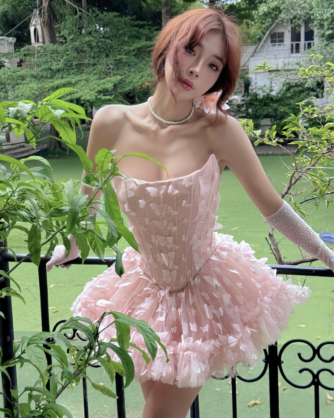 Swan Midi Dress in Blush with 3D Butterfly Appliqués, LANE CÌ vietnam
