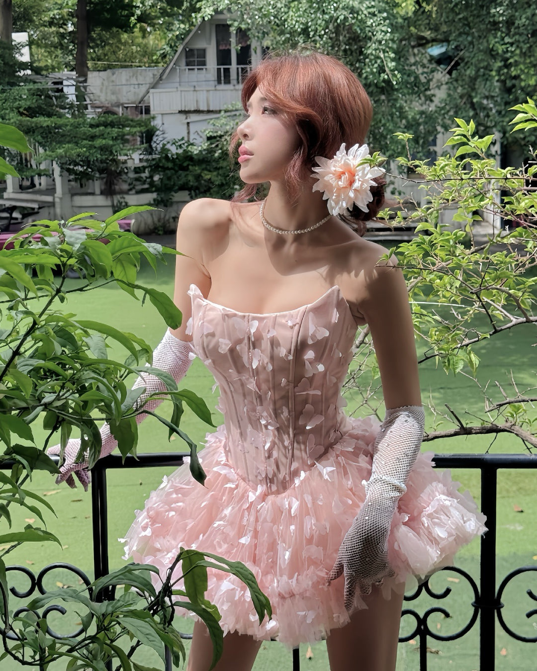 Swan Midi Dress in Blush with 3D Butterfly Appliqués, LANE CÌ vietnam