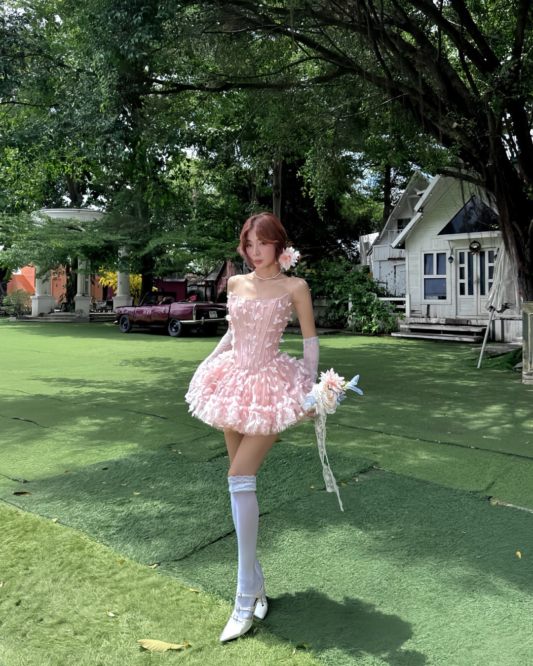 Swan Midi Dress in Blush with 3D Butterfly Appliqués, LANE CÌ website