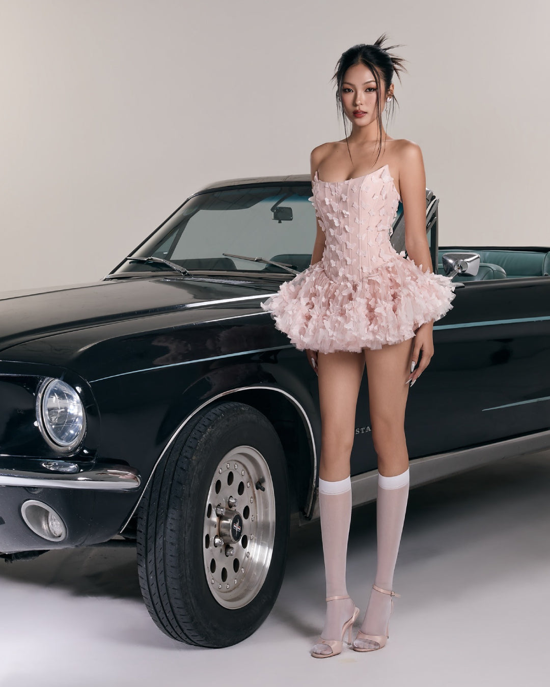 Swan Midi Dress in Blush with 3D Butterfly Appliqués, LANE CÌ online