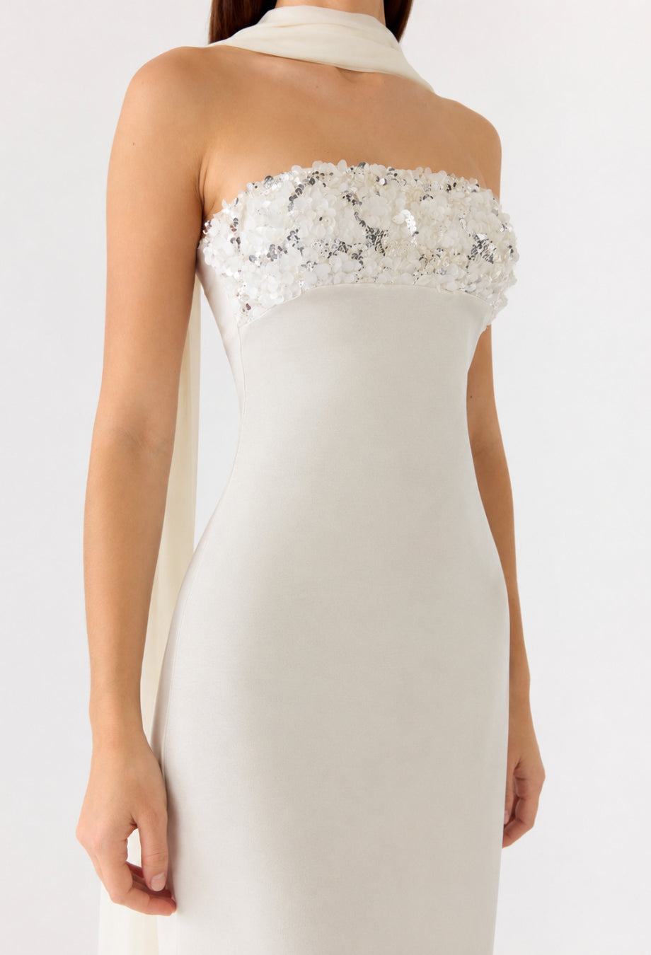Taylor White Strapless Sequin Maxi Dress with Neck Scarf, strapless maxi dress with scarf​, white maxi dress with neck scarf