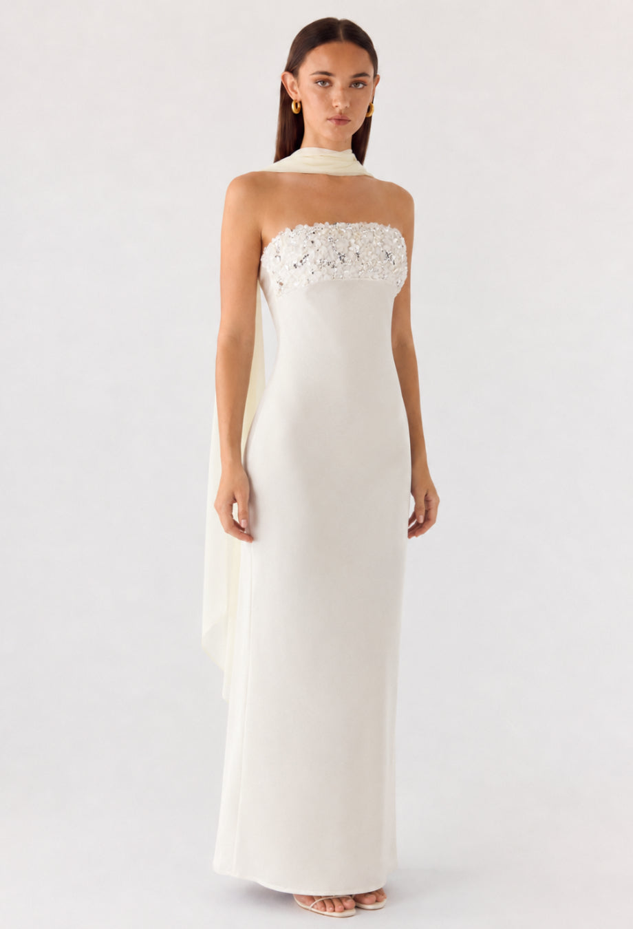 Taylor White Strapless Sequin Maxi Dress with Neck Scarf, white sequin dress maxi​, maxi dress with neck scarf​