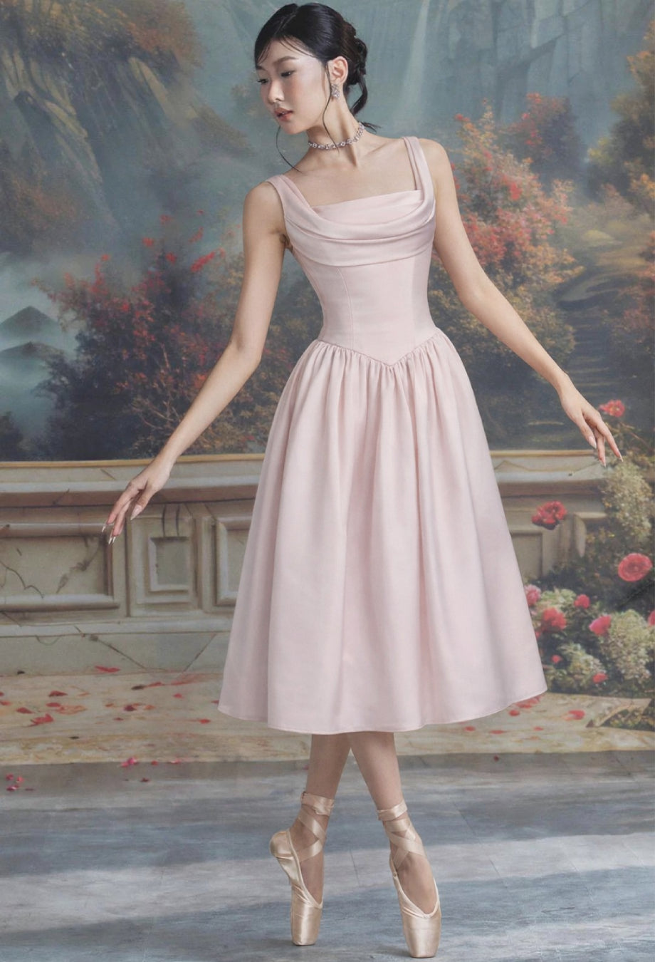 Tiffany Soft Pink Midi Dress, pink formal dress, meshki pink dress, ballet pink dress, guest dress to wedding