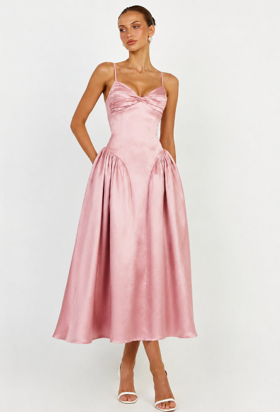 Tullia Dusty Rose Satin Midi Dress, dusty rose midi dress​, satin midi dress