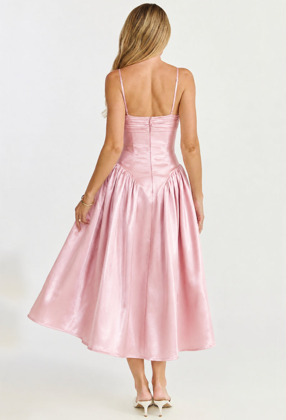 Tullia Dusty Rose Satin Midi Dress​, satin formal midi dress, ruched midi dress