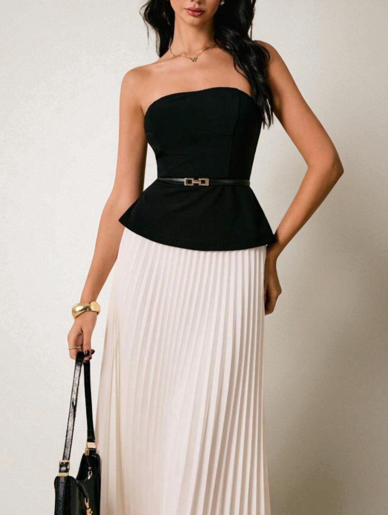 Two-Piece Set: Black Bustier Top & White Pleated Midi Skirt