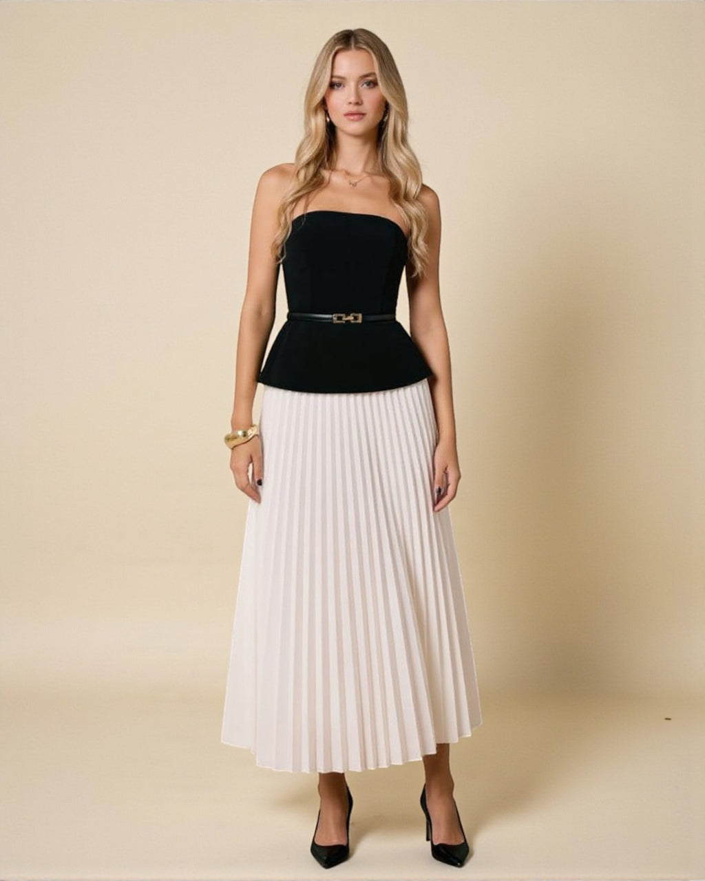 Two-Piece Set: Black Bustier Top & White Pleated Midi Skirt