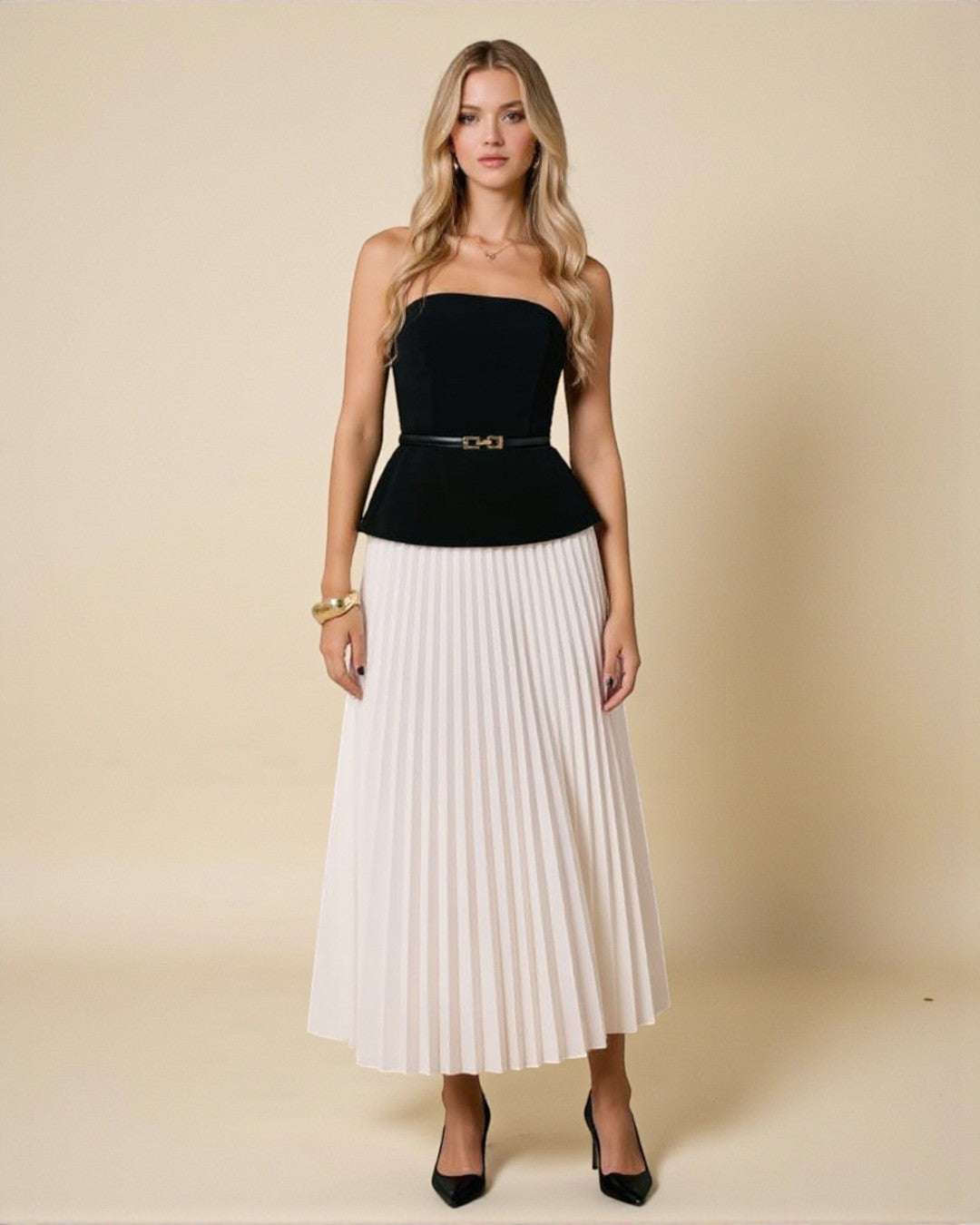 Two-Piece Set: Black Bustier Top & White Pleated Midi Skirt